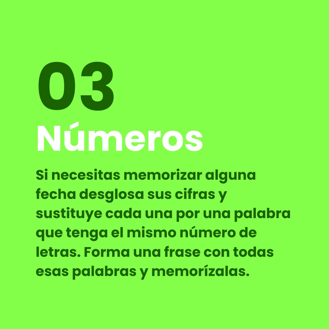 🧠| ¿Quieres mejorar tu memoria?
👆| Te comentamos algunas técnicas de memorización. ¡Potencia tus habilidades hoy! 🚀 #MemoriaMásFuerte