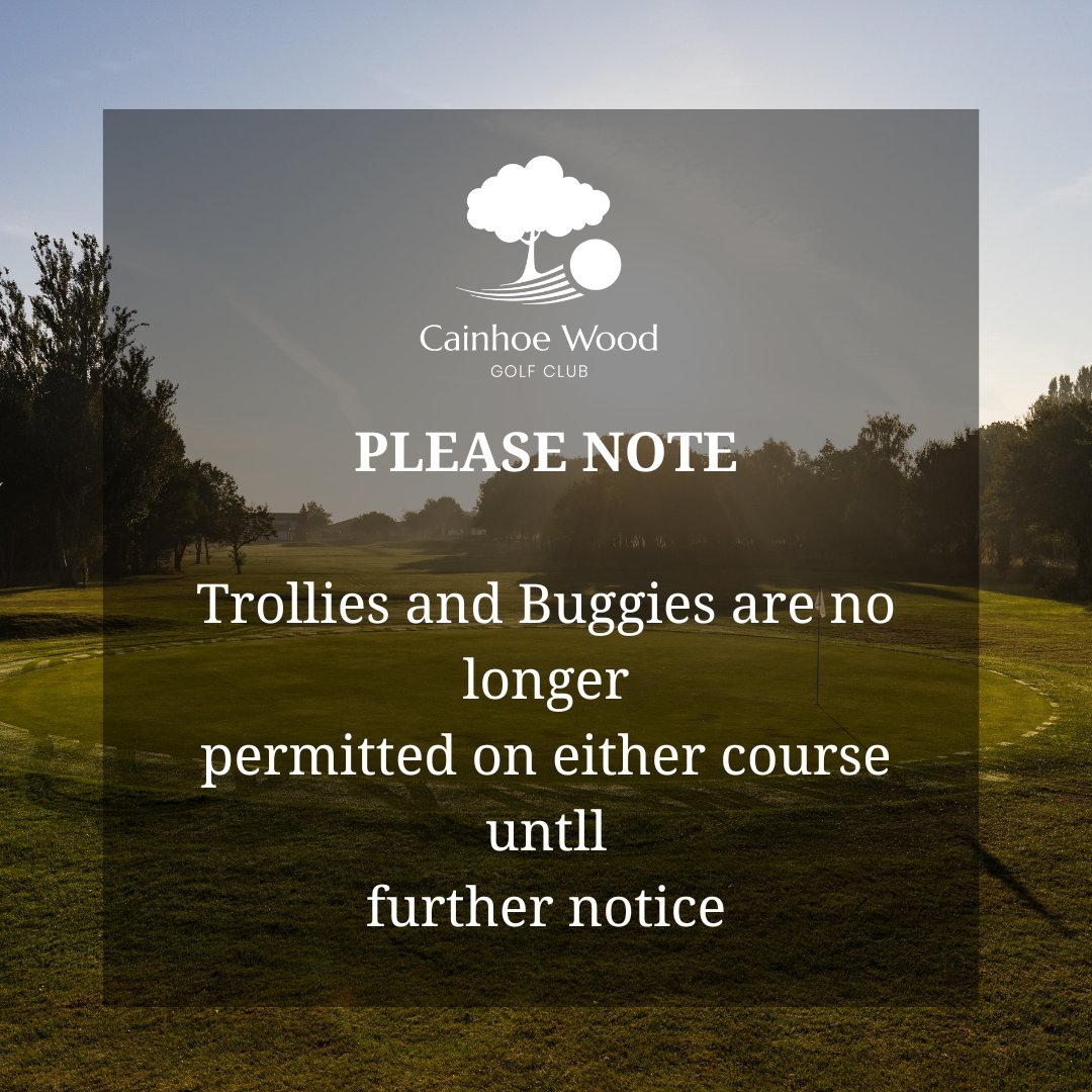 PLEASE NOTE 

Unfortunately, we have reached the time where we are no longer allowing buggies OR trollies on the course until further notice. 

The front 9 holes on the Manor is also closed until further notice, so all play will be going from the 10th tee.