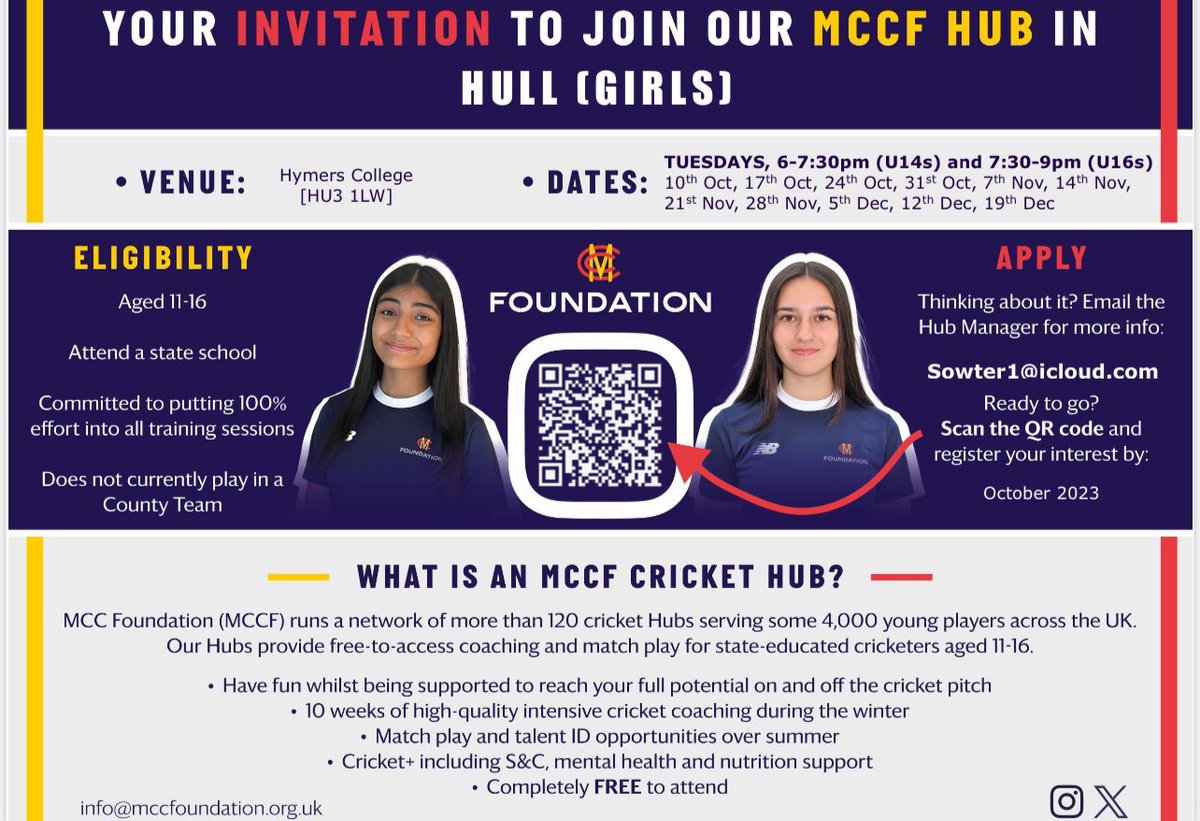 A fantastic opportunity for all state-educated girls aged 11-16 years to receive free cricket coaching at <a href="/HymersSport/">Hymers College Sport</a>. Simply sign up by using the QR code shown in the flyer below. <a href="/_MCCFoundation/">MCC Foundation</a> @Yorkshirecb <a href="/AngusBerry93/">Angus Berry</a> <a href="/Joffsowte/">Jonathan sowter</a> <a href="/AliceJohnsonYCB/">AliceJohnsonYCB🏏</a>