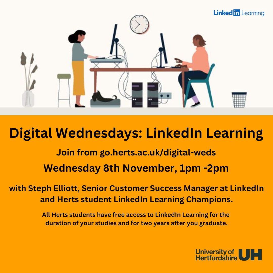 Don't miss this great session with Steph Elliott, Senior Customer Success Manager, @LinkedInUK Join the online session from go.herts.ac.uk/digital-weds. If you can't make it, this is where the recording with be shared. Wednesday 8 November, 1pm -2pm #digitalherts