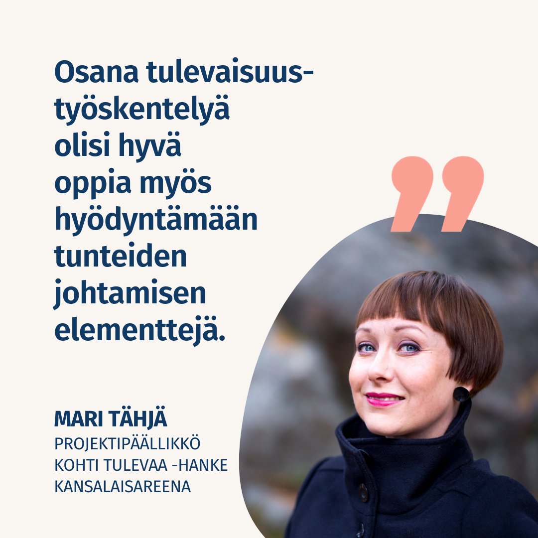 Tulevaisuustyöskentelyssä olemme usein muutoksen äärellä. Muutos voi olla palkitsevaa, mutta se voi tuottaa myös epämiellyttäviä tunteita. 🔭

#KohtiTulevaa -hankkeen uusi blogi käsittelee tunnetaitoja tulevaisuustyössä ➡️kansalaisareena.fi/tunteet-osana-…

#tulevaisuus #ennakointi