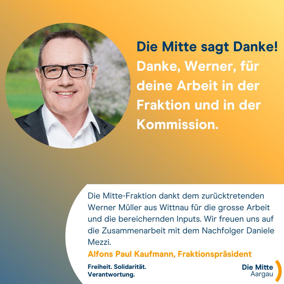 Werner Müller gehört Grossen Rat seit 09.01.2018 an, war bereits 2014-2016 dessen Mitglied. So sagt Werner Müller: "Stolz bin ich auf die äusserst gute Zusammenarbeit unter den Fricktaler Grossratsmitgliedern. Dank dem konnten wir einige Erfolge fürs Fricktal erzielen." #Grag