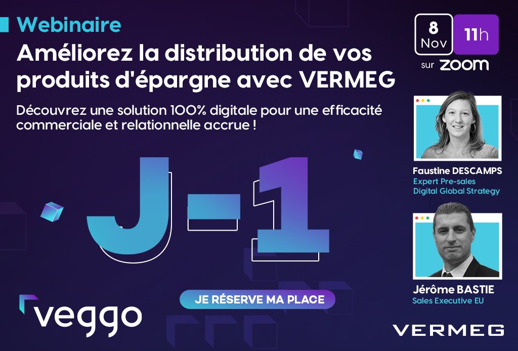 veggoplatform's tweet photo. J-1 #Webinaire #VERMEG

Découvrez notre solution Parcours Epargne Individuelle de souscription et de gestion lors de notre webinaire le 8 novembre, 11h-11h45 sur Zoom.

👉 https://t.co/m9x5Fbo7ui

#Assurance #DigitalTransformation #ParcoursEpargne #Epargne https://t.co/or0LCSytxG