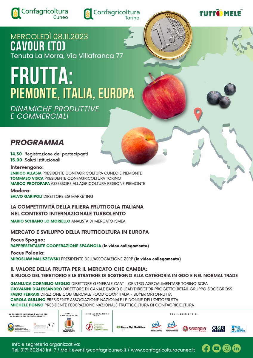 E' il turno di un altro importante #convegno, nel contesto della Fiera di #Tuttomele 
🍏 FRUTTA: Piemonte, Italia, Europa 
📍 Tenuta La Morra a Cavour (TO) 
📆 Mercoledì 08/11/2023 dalle ore 14.30
👉 L’incontro, organizzato da #ConfagricolturaCuneo e #ConfagricolturaTorino