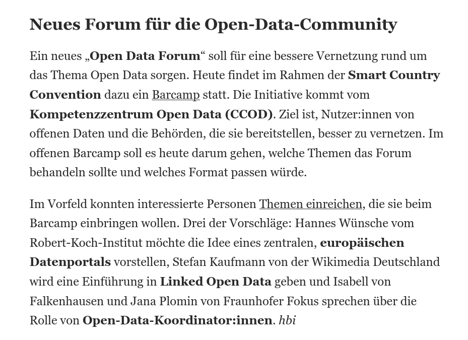 Bei der <a href="/SmartCountryCon/">Smart Country Convention</a> sind heute auch Aline Blankertz und <a href="/_stk/">stefan</a> von Wikimedia mit dabei. Kommt zum #OpenData-Forum ab 13 Uhr vorbei und tauscht euch u.a. zu Linked Open Data und bad practices aus :) @OpenDataBundDe #SCCON23 #sccon
Mehr Infos: bva.bund.de/DE/Services/Be…
