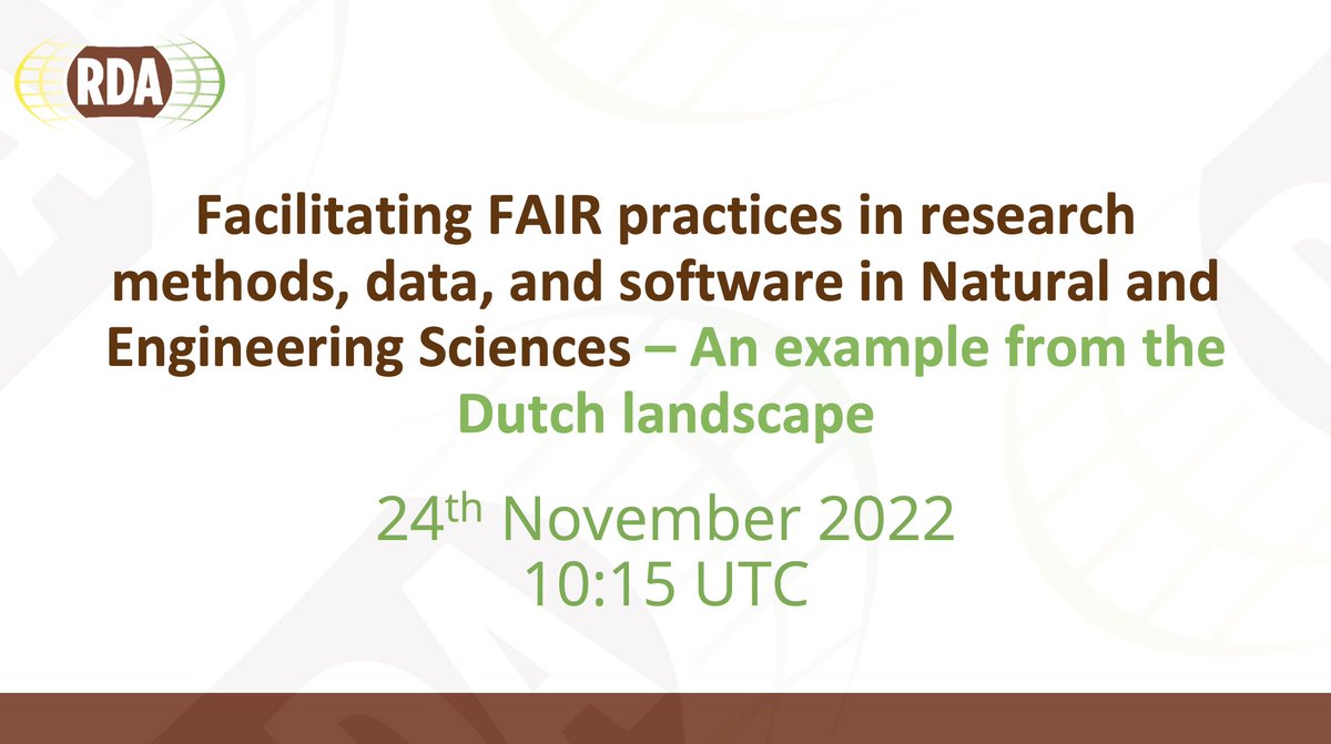 'Facilitating #FAIR practices in research methods, data, and software in Natural and Engineering Sciences – an example from the Dutch landscape' A webinar about Thematic Digital Competence Centres in NL 🇳🇱 📆Fri 24 November 🕰10:15-11:00 UTC Register: rd-alliance.org/facilitating-f…