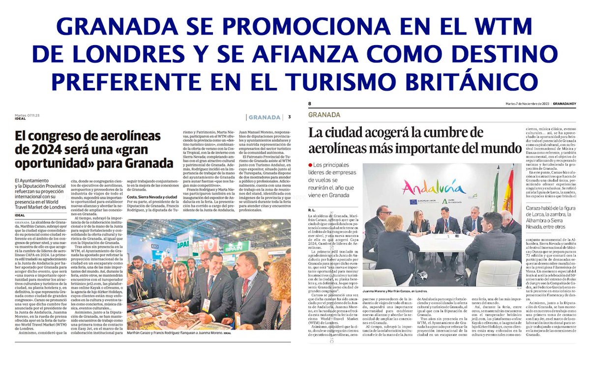 Marifran Carazo (@marifrangr) on Twitter photo ✈️ El turismo británico en #Granada en 2023 muestra una clara subida del 15,65% en viajeros y del 18% en pernoctación, confiando superar las 100 mil pernoctas en este año
Nuestra ciudad se consolida y trabajamos para ser destino preferente en el <a href="/WTM_London/">World Travel Market (WTM) London</a>
#CuidarGranada💙 ✈️ El turismo británico en #Granada en 2023 muestra una clara subida del 15,65% en viajeros y del 18% en pernoctación, confiando superar las 100 mil pernoctas en este año
Nuestra ciudad se consolida y trabajamos para ser destino preferente en el <a href="/WTM_London/">World Travel Market (WTM) London</a>
#CuidarGranada💙
