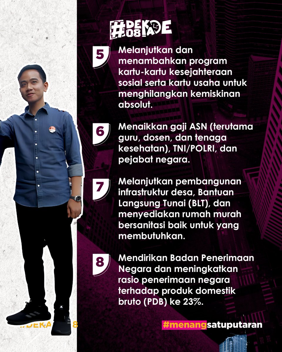 Prabowo Subianto-Gibran Rakabuming Raka mengusung delapan program yang akan digarap paling cepat jika terpilih di Pilpres 2024.

Berikut kedelapan program tersebut!

#prabowo #gibran #prabowogibran #menangsatuputaran #mendingprabowo #terusmajubersamaprabowo #dekade08