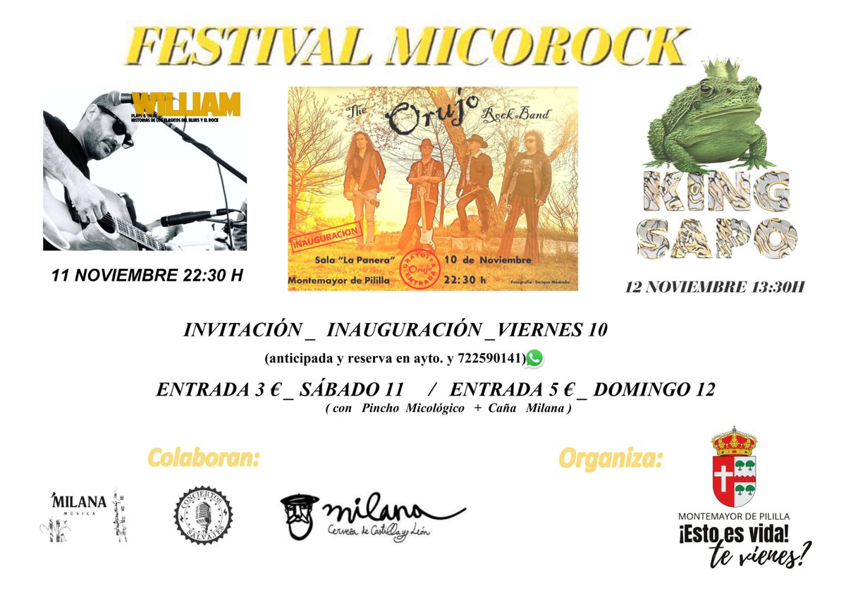 Buen plan para este fin de semana en #montemayordepililla:
Inauguración de sala' La Panera' con el festival #Micorock. Tres planazos para viernes, sábado y domingo. Te esperamos con #música en directo y rica #cerveza #cervezaartesana #CraftBeer #Valladolid #pucela