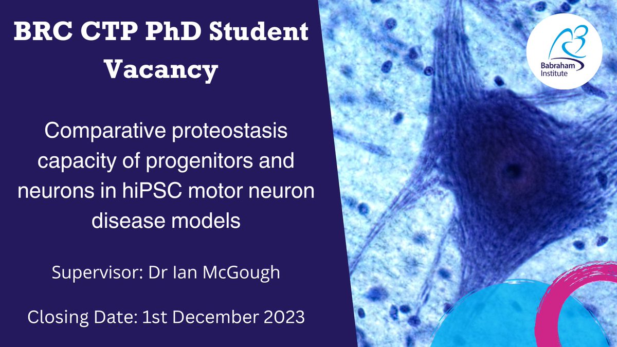 Babraham Institute (@babrahaminst) on Twitter photo FUNDED PHD OPPORTUNITY: ‘Comparative proteostasis capacity of progenitors and neurons in hiPSC motor neuron disease models’ with Dr Ian McGough
Apply by 1st December
Find out more: babraham.ac.uk/work-and-study…
#PhD #PhDVacancies #PhDStudents #PhDProjects <a href="/Ian_J_McGough/">Ian McGough 🇪🇺 🇮🇪 🪰</a> FUNDED PHD OPPORTUNITY: ‘Comparative proteostasis capacity of progenitors and neurons in hiPSC motor neuron disease models’ with Dr Ian McGough
Apply by 1st December
Find out more: babraham.ac.uk/work-and-study…
#PhD #PhDVacancies #PhDStudents #PhDProjects <a href="/Ian_J_McGough/">Ian McGough 🇪🇺 🇮🇪 🪰</a>