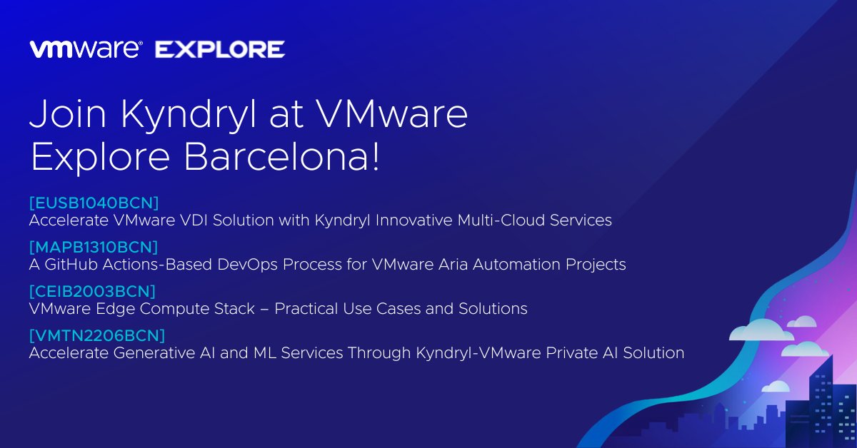 Join Kyndryl at VMware Explore Barcelona! If you are at #VMwareExplore Barcelona, stop by one of the @Kyndryl sessions for insights on virtual desktop infrastructure, VMware Aria Automation projects, edge #computing, and generative #AI. 💡Save your spot: event.vmware.com/flow/vmware/ex…