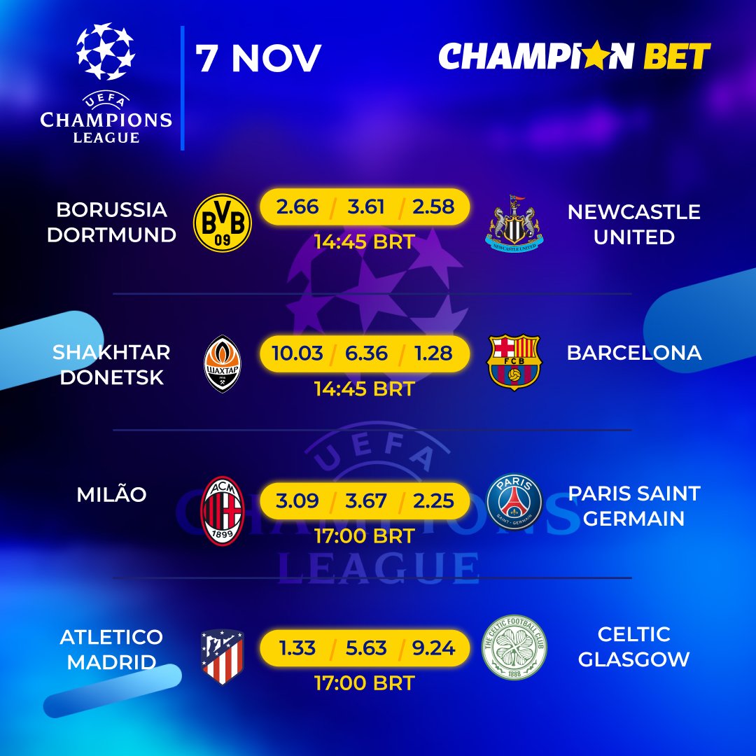 ChampionBetBraz's tweet photo. 🏆🔥Liga dos Campeões da UEFA - A QUARTA RODADA está esquentando! 🔥🏆

Junte-se à emoção! Aposte conosco na ChampionBet! 💥💰 Quem será o campeão da 4ª rodada da Liga dos Campeões da UEFA? 🏆💫

Não fique apenas assistindo, faça parte da emoção! 📣🎉 https://t.co/LYrj2DZbEq https://t.co/0OaxzbFB1u