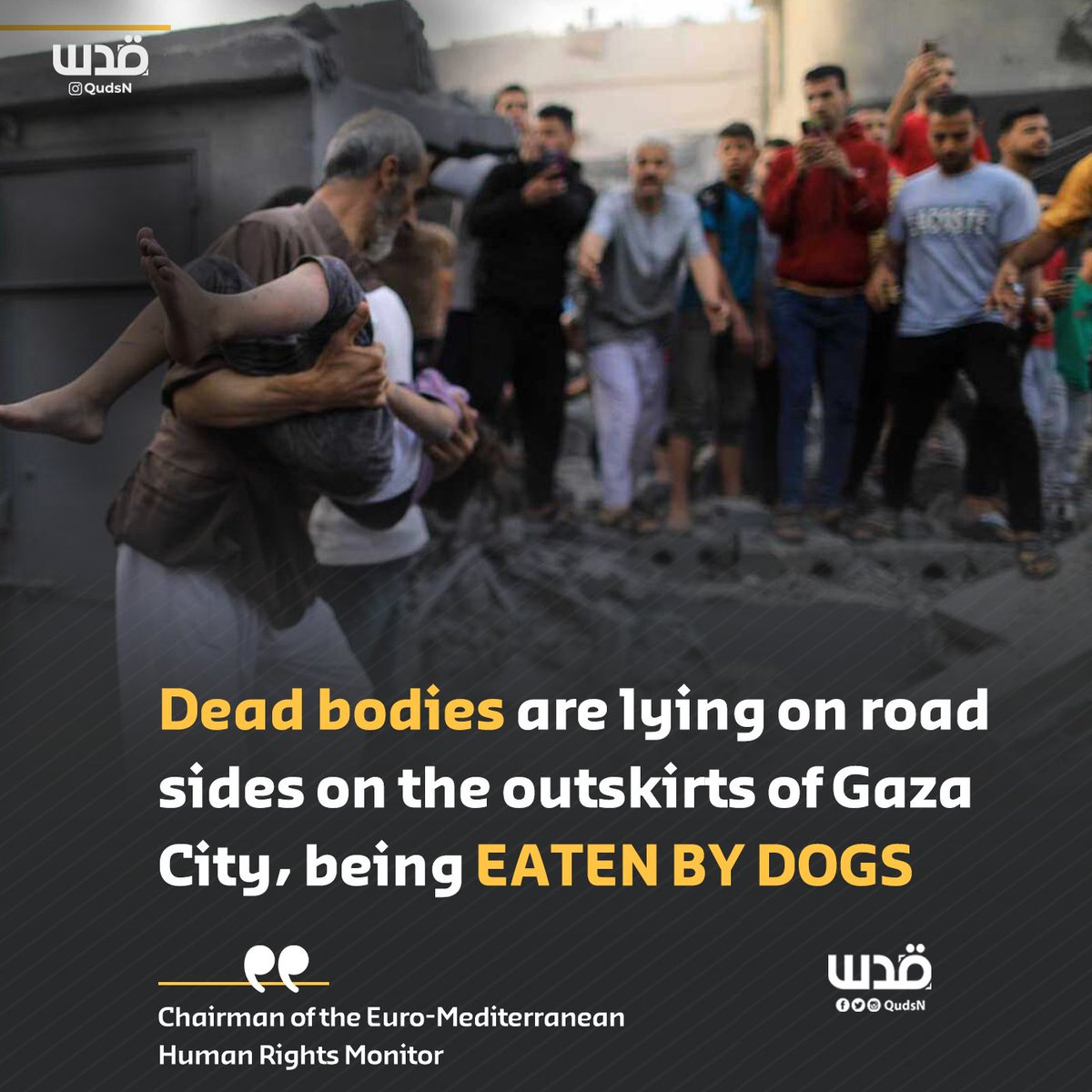 BREAKING | Rami Abdu, the Chairman of the Euro-Mediterranean Human Rights Monitor: ⭕ Dozens of dead bodies are lying on the sides of roads east and west of Gaza City, and are being EATEN BY DOGS. ⭕ Hundreds of victims are missing under the rubble, and their bodies are…