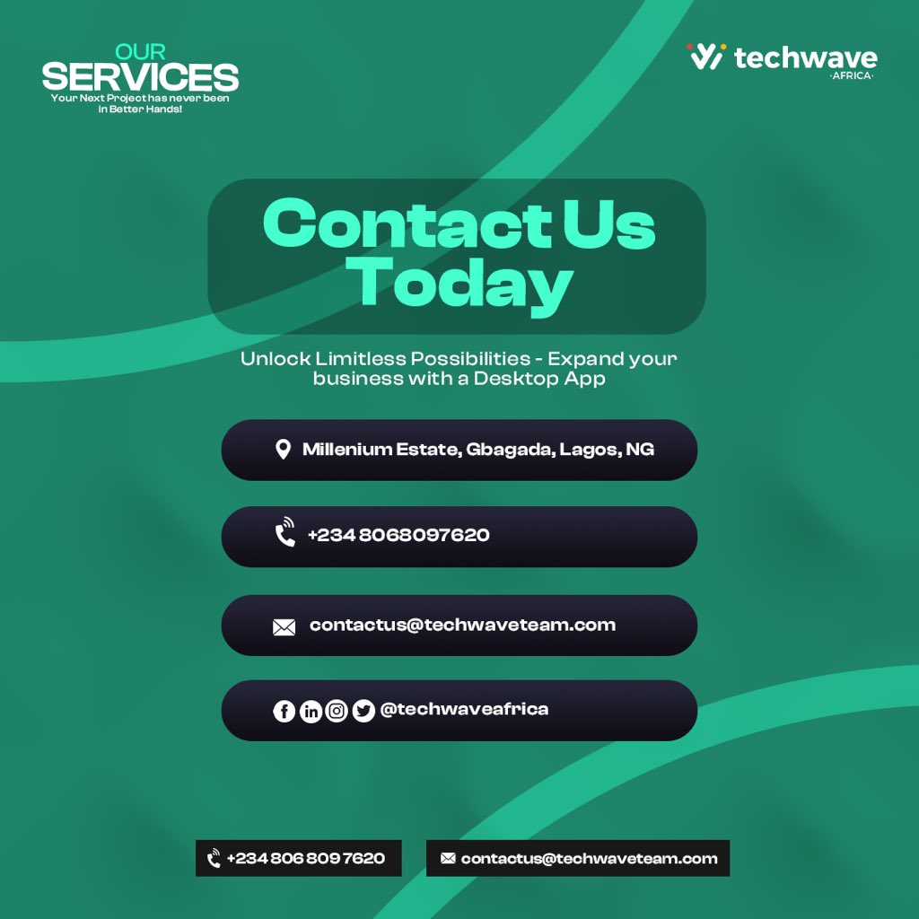 Techwave Africa offers custom desktop apps to boost business productivity and user experiences. 

Enhance accessibility for your customers. 

Contact us for your digital transformation journey today! #TechExcellence #InnovateWithUs #GrowYourBusiness #DesktopApps