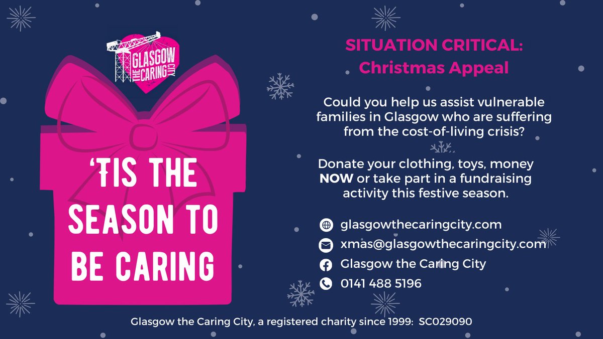 Could your office, shop, or any other type of venue act as a drop-off point for this year's Caring Christmas Appeal? We are looking for more partner businesses and venues around Glasgow that could act as collection points for our Christmas Appeal drop-offs. Get in touch!