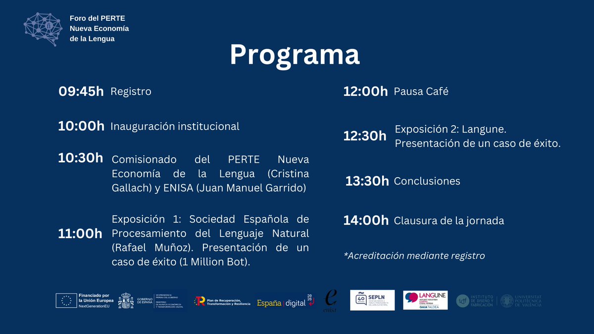 🚀Las oportunidades que ofrece el Procesamiento del Lenguaje Natural (#PLN).   

‼️El #Foro de empresas del #PERTE_DeLaLengua del #PlanDeRecuperación llega a #Valencia el 16/11 a las 10h.  

💻Registro: lc.cx/Q-mQva

Consulta el programa de la jornada. ¡Te esperamos!👇