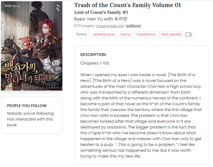 rantcensoredera's tweet image. Tiba-tiba pengen baca ulang ini setelah seharian melototin manhwanya:
 
📖Trash of the Count's Family Volume 01
        Lout of Count’s Family #1
✍🏻 Ryeo-Han Yu
🗂️ 1070 pgs (storygraph vers)
        1593 pgs (my phone vers 😂)