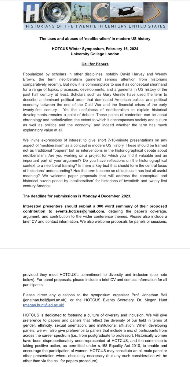 🚨Call for Papers🚨
We are happy to announce a CfP for our annual Winter Symposium <a href="/UCLAmericas/">UCL Americas</a> on 16th February 2024!
The theme: “The uses and abuses of ‘neoliberalism’ in modern US history.”
Send your 300 word proposal to events.hotcus@gmail.com by 4th December! Full details⬇️