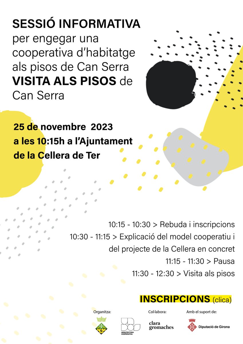 CoopLaCellera's tweet photo. 📢 SESSIÓ INFORMATIVA I VISITA ALS PISOS DE CAN SERRA! 

La sessió informativa pot ser online o presencial, la visita als pisos només serà en format presencial.

🗓️ 25 de novembre de 2023
🕖 10:15
📍 La Cellera de Ter, Ajuntament

LINK INSCRIPCIONS SESSIÓ: https://t.co/bQADI2Xi8h https://t.co/WcG1ddbHzQ