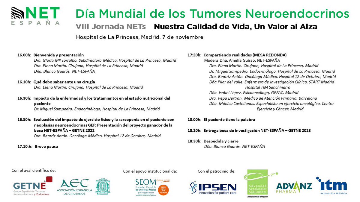 Tomás Marcos (@tomasmarcos) on Twitter photo 🗓️7 de Noviembre
🕔16:00
📍Hospital de La Princesa
📢 Jornada por el Día Mundial de los Tumores Neuroendocrinos. Un programa diseñado por y para pacientes y familiares.
🦓🦓 Únete!!!
<a href="/Netespana/">NET- ESPAÑA</a> <a href="/GrupoGetne/">Grupo GETNE</a> 🗓️7 de Noviembre
🕔16:00
📍Hospital de La Princesa
📢 Jornada por el Día Mundial de los Tumores Neuroendocrinos. Un programa diseñado por y para pacientes y familiares.
🦓🦓 Únete!!!
<a href="/Netespana/">NET- ESPAÑA</a> <a href="/GrupoGetne/">Grupo GETNE</a>