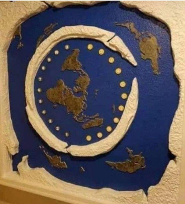 ronin19217435's tweet photo. This painting of a map hangs in the UN headquarters

We're in the center, surrounded by a wall of ice. Beyond the wall are other lands. The white dots are the phases of the sun and the moon
and don't ask us why it's there ask them they know the answer this is all official👌 https://t.co/WnOereejtZ
