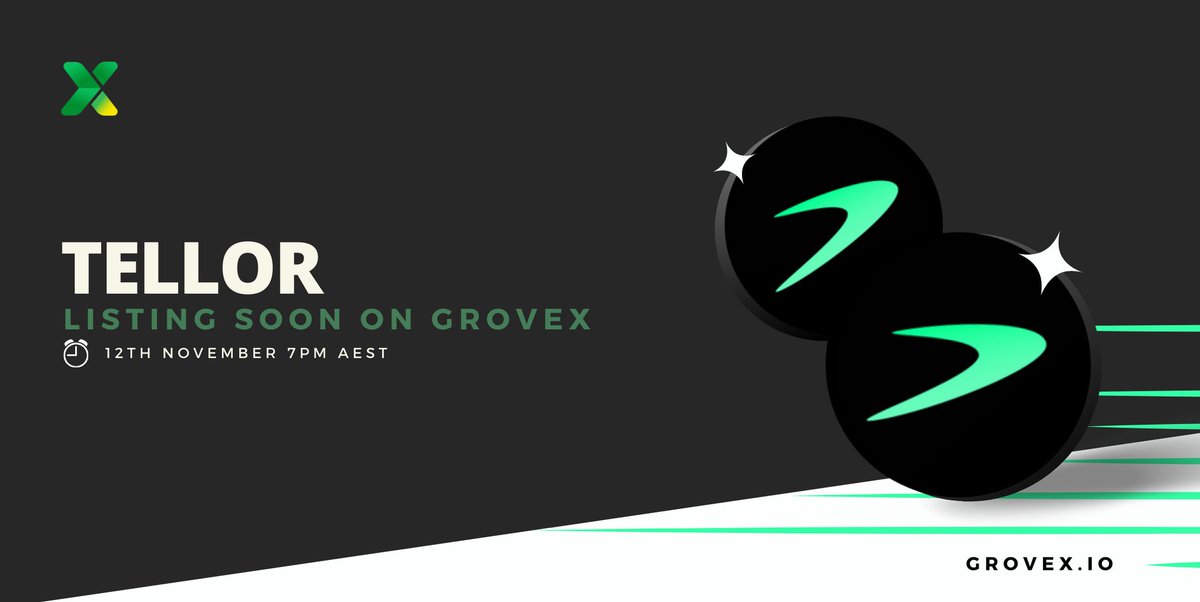 📣Tellor $TRB token will list on #GroveX platfrom📣

Token: $TRB

Deposits: Open!

Trading Begins:

🔹️08/11/2023 at 7:00 PM AEDT
🔹️08/11/2023 at 9:00 AM UTC
🔹️08/11/2023 at 4:00 AM EST

Withdrawals:

🔹️08/11/2023 at 7:00 PM AEDT
🔹️08/11/2023 at 9:00 AM UTC