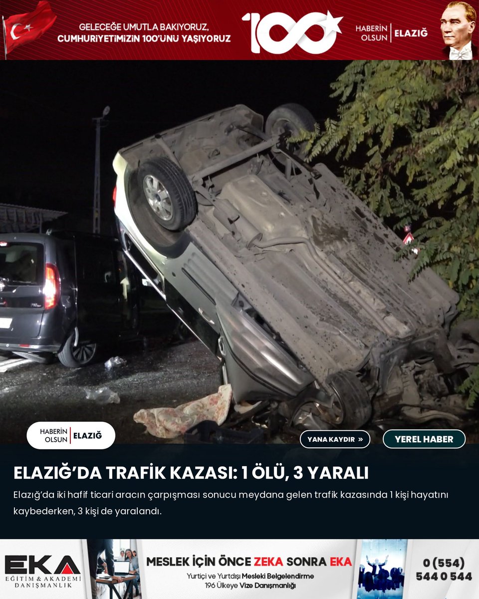 Elazığ’da iki hafif ticari aracın çarpışması sonucu meydana gelen trafik kazasında 1 kişi hayatını kaybederken, 3 kişi de yaralandı.

Kaza, Elazığ-Pertek karayolu Salkaya köyü mevkiinde meydana geldi. Edinilen bilgiye göre, 07 AOZ 471 plakalı hafif ticari araç ile karşı şeritten