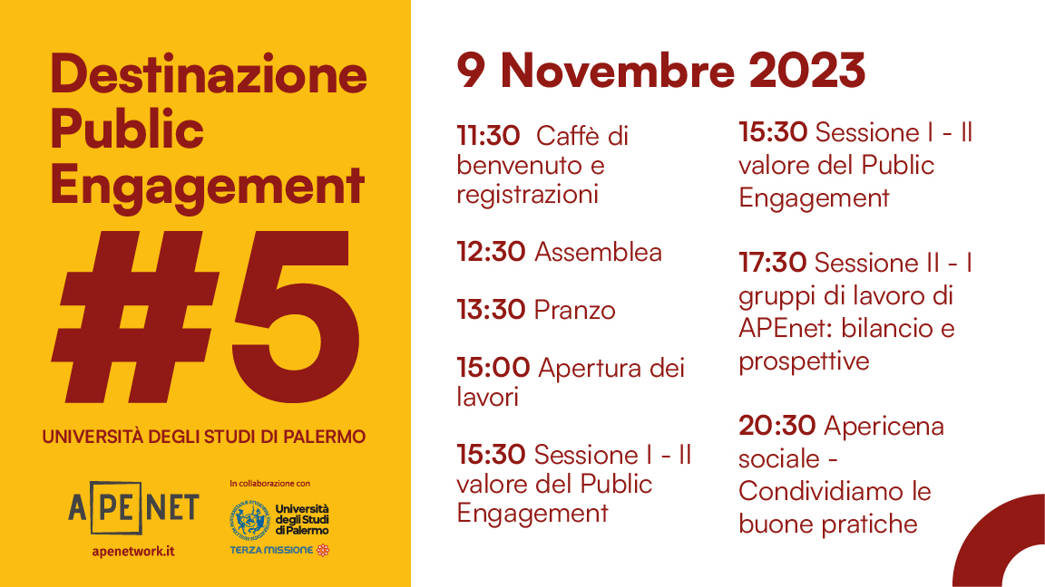 Questo il programma della prima giornata di Destinazione Public Engagement #5👇
La nostra quinta assemblea nazionale, organizzata in collaborazione con l'<a href="/unipa_it/">UniPa</a>, comincia il 9 novembre. 

#apenet #UniPa #publicengagement