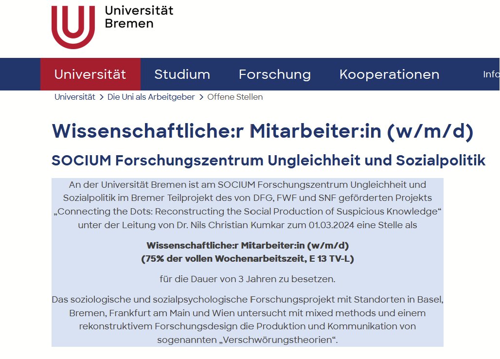 Dreijährige 75% WiMi Stelle in Bremen in meinem Projekt. Qualitative  Sozialforschung, Gesellschaftstheorie, Verschwörungstheorietheorie: sagt  es weiter und bei Fragen: gern Email an mich.

uni-bremen.de/universitaet/d…