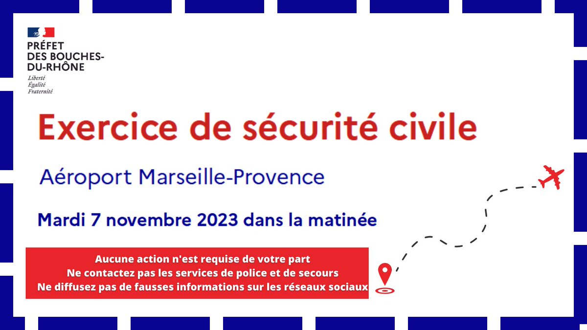 EXERCICE EXERCICE EXERCICE 
L'exercice de sécurité civile simulant un accident d’avion sur le tarmac de l’aéroport Marseille-Provence à #marignane vient de commencer. 
➡ Pas d’inquiétude, il s’agit d’un exercice, aucune action n’est attendue de la part des usagers de l’aéroport.