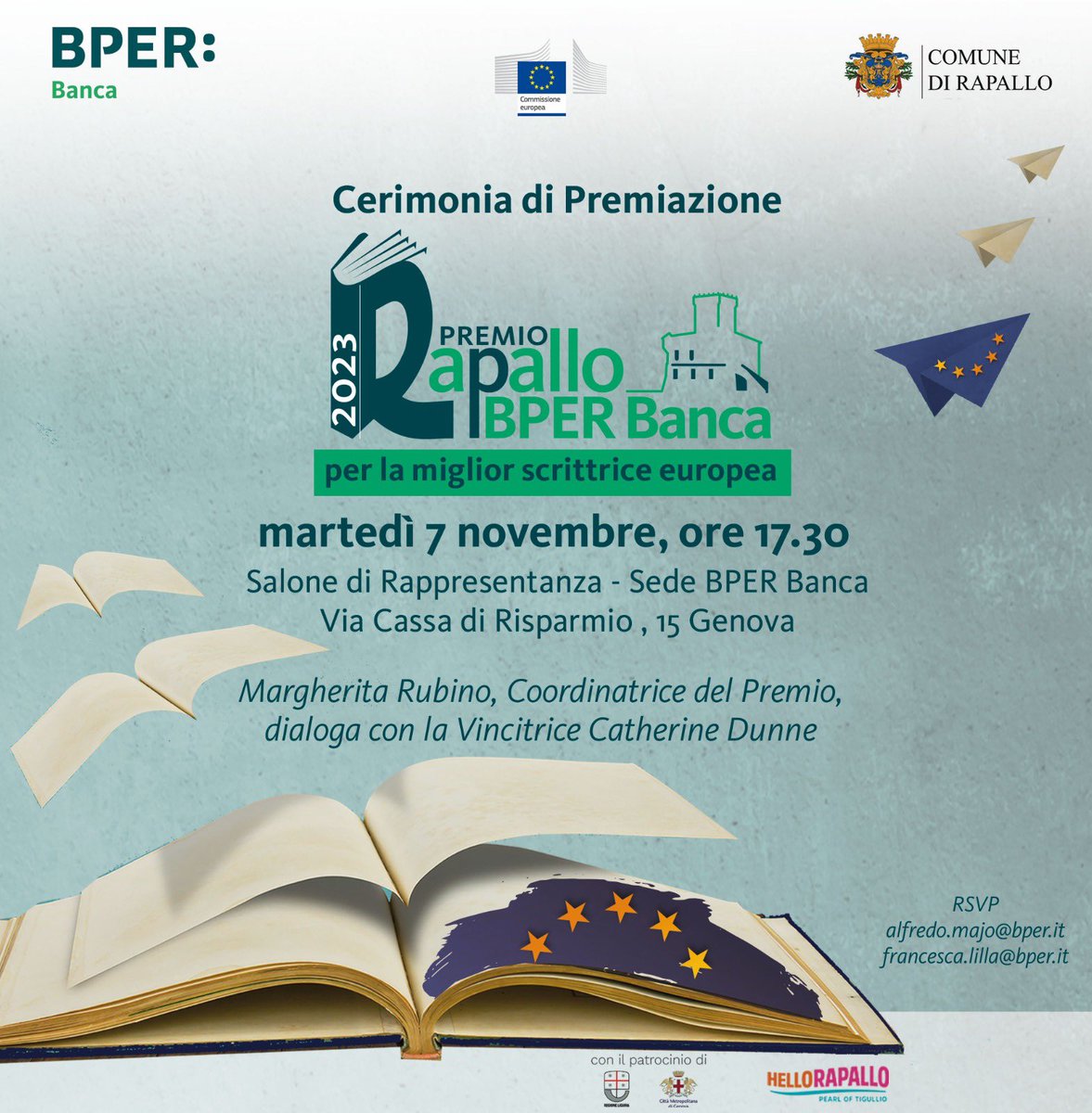 UE in Italia (@europainitalia) on Twitter photo 🗓️Appuntamento stasera alle 17.30 a Genova per la prima edizione del Premio Europeo Rapallo BPER Banca 2023, vinta da <a href="/DunneCatherine/">CatherineDunneAuthor</a> con il libro Una buona madre (Guanda, 2022)!
👉🏻 shorturl.at/stvLO 🗓️Appuntamento stasera alle 17.30 a Genova per la prima edizione del Premio Europeo Rapallo BPER Banca 2023, vinta da <a href="/DunneCatherine/">CatherineDunneAuthor</a> con il libro Una buona madre (Guanda, 2022)!
👉🏻 shorturl.at/stvLO