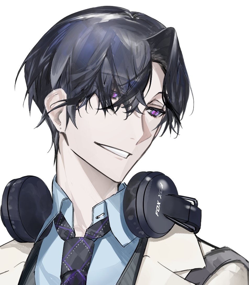 1boy male focus necktie purple eyes shirt headphones around neck white background  illustration images