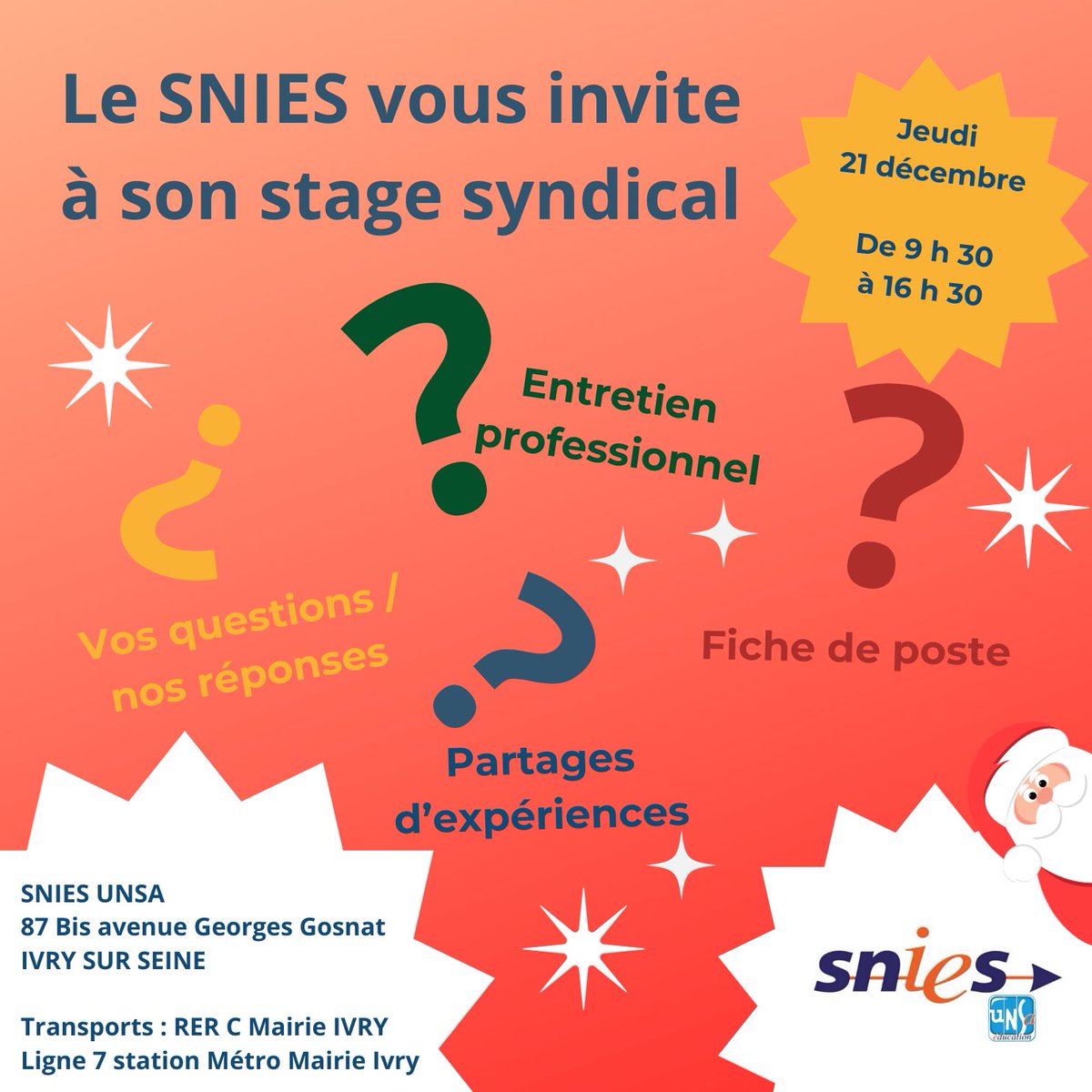 Que vous soyez titulaire, stagiaire ou contractuel.le en Ile de France, rejoignez-nous!
De 9h30 à 16 h30, on vous explique tout sur l'entretien professionnel et votre fiche de poste!
unsa-education.com/articles-regio…