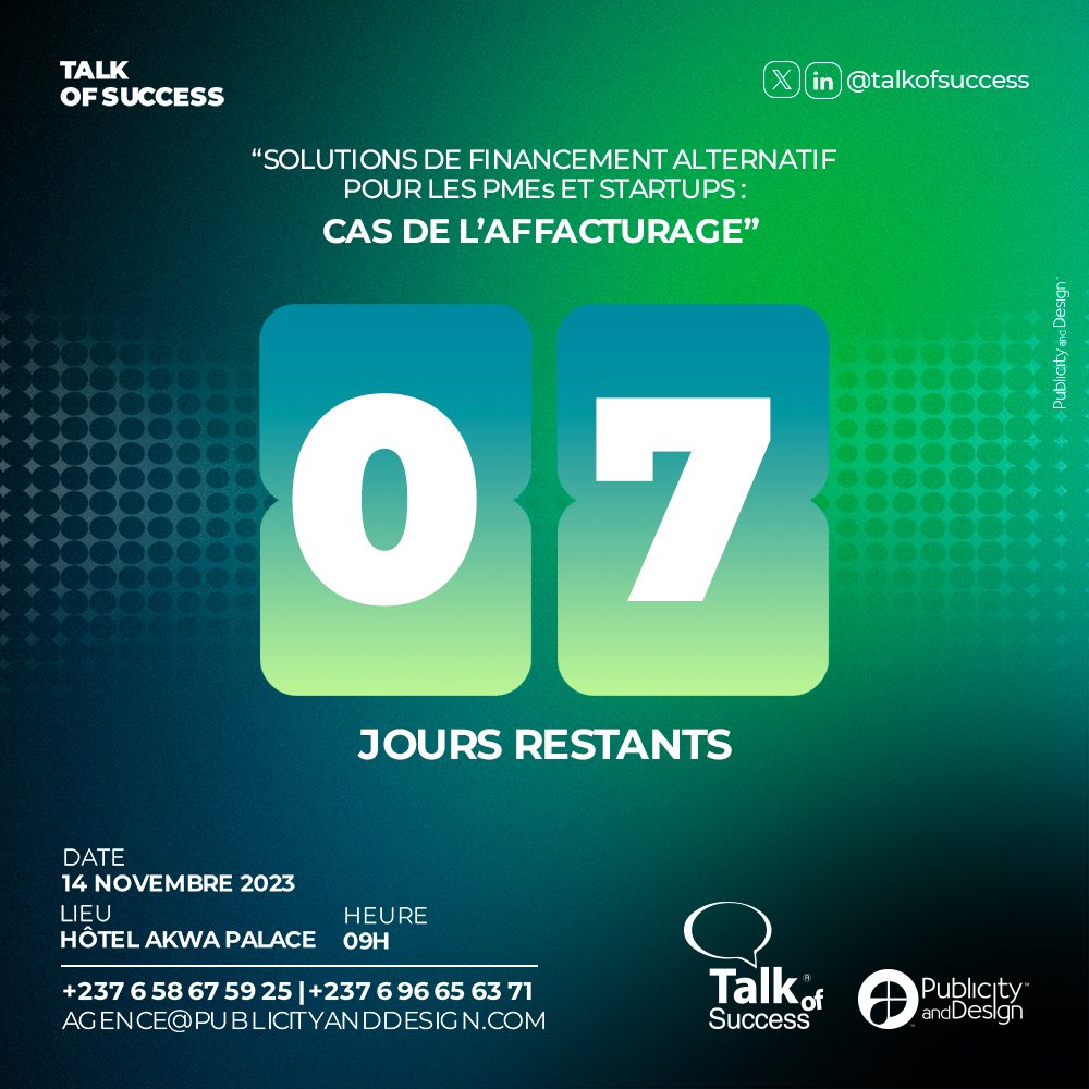 talk0fsuccess's tweet photo. Nous sommes ravis de vous annoncer que notre événement Talk of Success,aura lieu dans 07 jours ! Avec un panel de haut niveau et des partenaires stratégiques ,qui mettront en avant de nombreuses opportunités de réseautage. C’est un événement que vous ne voudriez pas manquer. https://t.co/nOLBIIKkiE