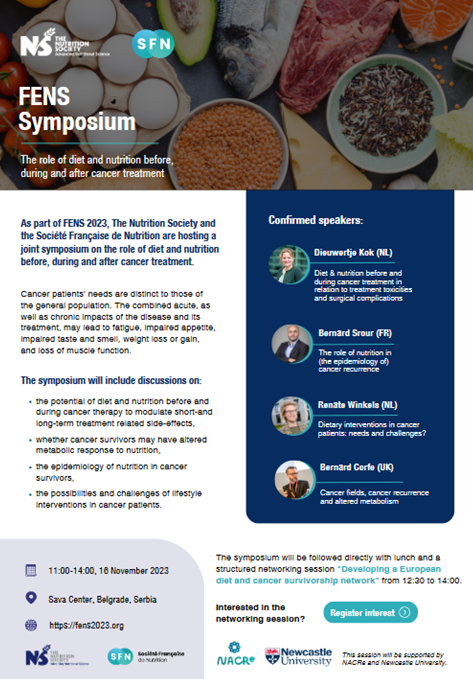 Are you attending @FENSorg #FENS2023? Interested in Nutrition and Cancer? @BernardSrour @NutritionSoc & Societe Francais de Nutrition are hosting a symposium, please join us t hear about the latest developments in cancer and nutriprevention