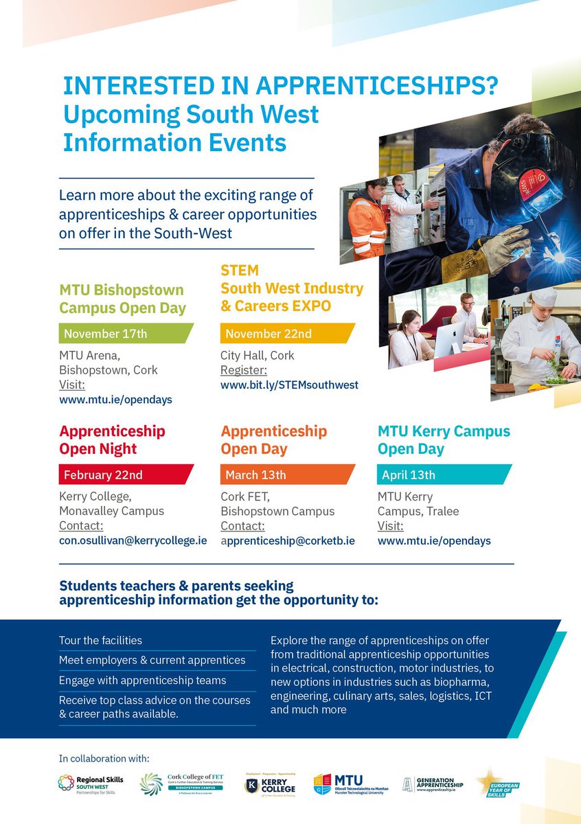 📢 Thinking about an apprenticeship? Don't miss these exciting events, brought to you in partnership with <a href="/SkillsSWest/">SkillsSouthWest</a> <a href="/CorkETB/">CorkETB🇮🇪🇪🇺</a> @kerrycollegemvc <a href="/apprenticesIrl/">Apprenticeship Irl</a>. 🌟 #Apprenticeships #EuropeanYearOfSkills 🧠