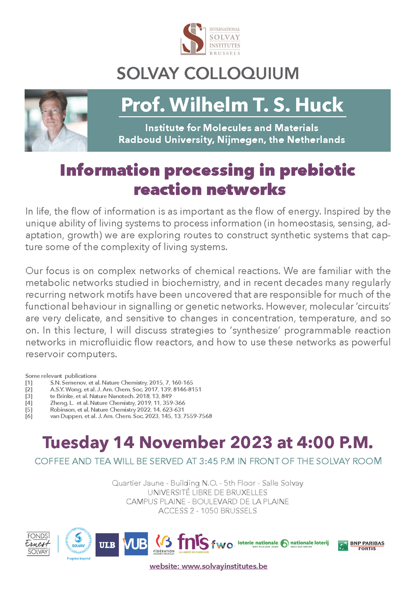 Solvay Colloquium on 14 November at 4:00 pm - Professor Wilhelm Huck
