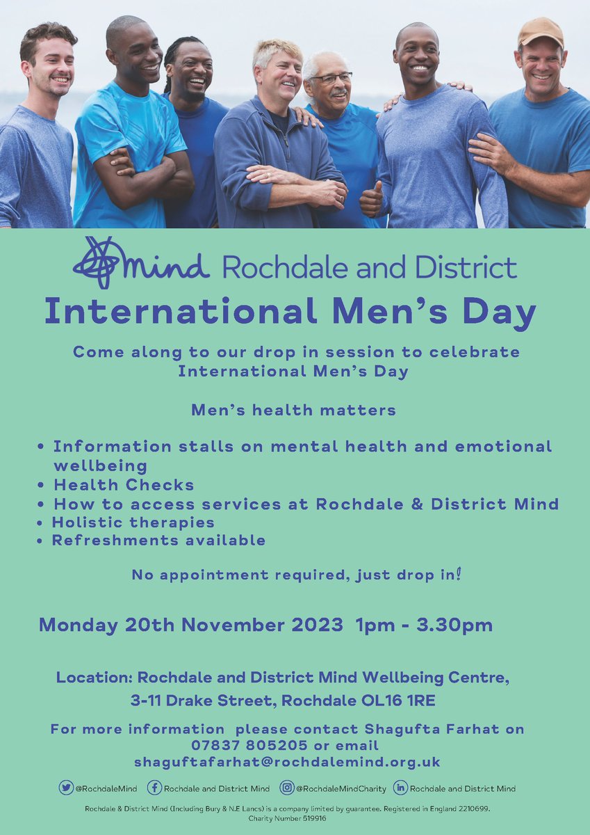 Rochdale and District Mind are celebrating International Men’s Day on Monday 20th November 2023 @ 1pm - 3.30pm There will be information stalls on mental health, how to access services at R&D Mind, health checks, Holistic therapies, and Refreshments. See you there!