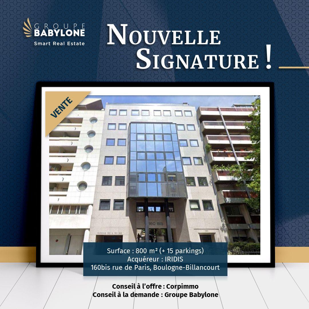 La société IRIDIS vient d’acquérir une surface de bureaux de 800 m² (et 15 parkings) au 160 bis rue de Paris, Boulogne-Billancourt (92).

Une transaction réalisée par le département Bureaux de Groupe Babylone, conseil à la demande, et Corpimmo conseil à l'offre.