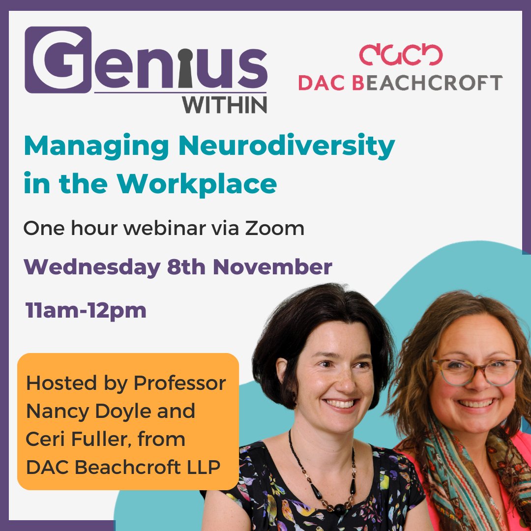 Join Professor Nancy Doyle and Ceri Fuller, from DAC Beachcroft, on Wednesday 8th November from 11am-12pm for a one-hour webinar via Zoom. Free tickets to the webinar can be ordered here: eventbrite.co.uk/e/managing-neu…🎫 #Neurodiversity #Inclusion #Webinar