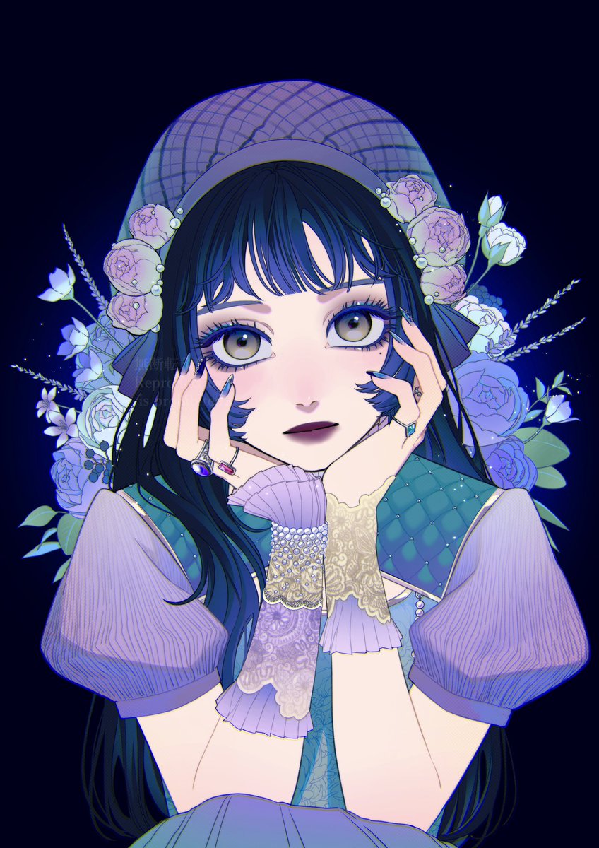 1girl solo long hair flower looking at viewer ring makeup  illustration images
