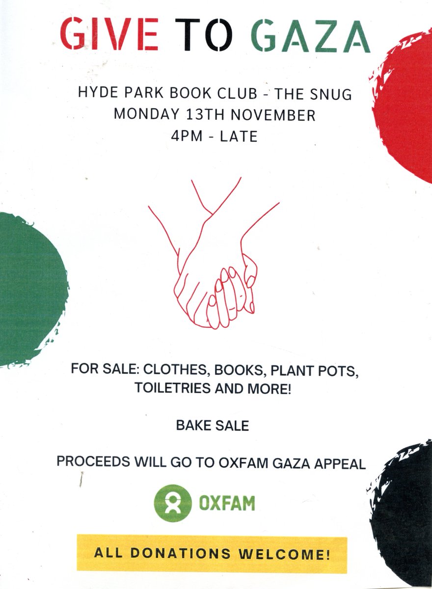 HeadingleyBooks's tweet photo. The wonderful Lily is running a fundraiser for Gaza on Monday, 13th November at Hyde Park Book Club.
Details below:
https://t.co/XQnAcmwjxI
#Gaza #fundraiser #Oxfam #Leeds @HPBCLeeds #hpbc
../1 https://t.co/OlUDoGEDmW