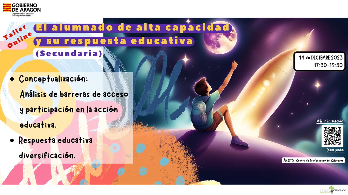 📢 Taller online "El alumnado de alta capacidad y su respuesta educativa"
🧑🏻‍🏫 Docentes de secundaria del ámbito del CP Calatayud
🗓️ 14 de diciembre
🕔 17:30-19:30

+ info e inscripción: acortar.link/pA667p