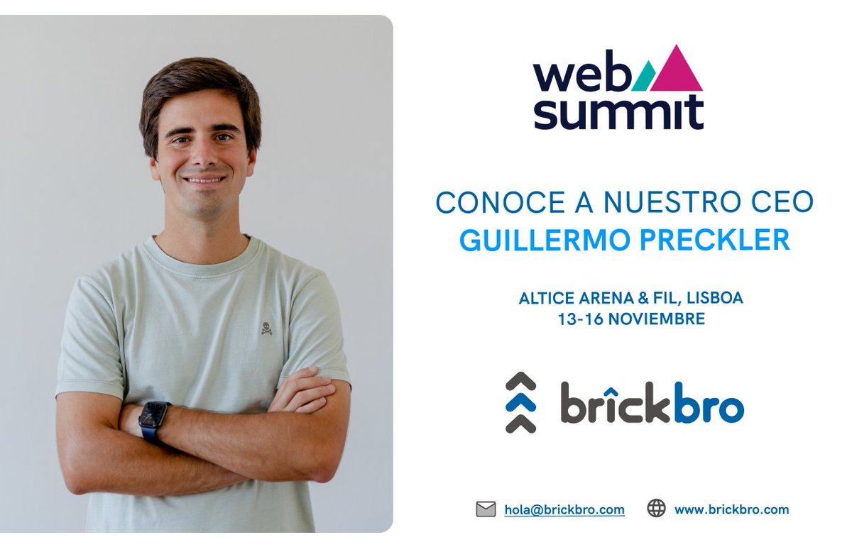 ¡Todo listo!💥La semana que viene podrás encontrarte con @guillepreckler , CEO y founder de BRICKBRO, en @WebSummit Lisboa. 👉 Si estás por allí y te interesa hablar con él e intercambiar ideas o tomarte un café, ¡escríbenos! #websummit2023 #startuplife #websummit