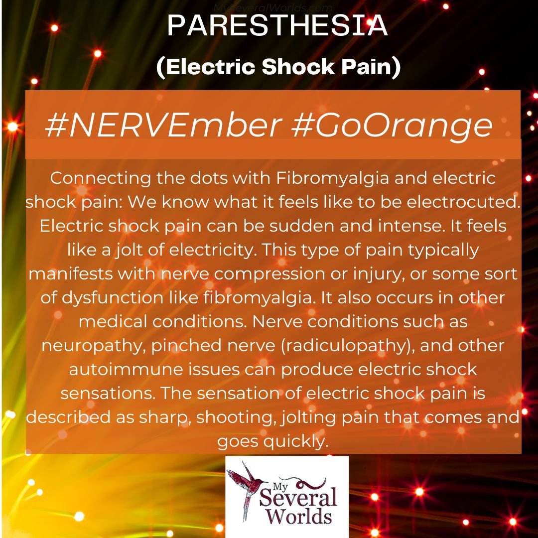 #Fibromyalgia and electric shock pain aka paresthesia: What is it? What does it feel like? Why does it happen? This type of #pain typically manifests with nerve compression or injury. Learn about it: myseveralworlds.com/2023/08/11/fib… #NERVEmber #GoOrange #CPP #ChronicPain #MySeveralWorlds