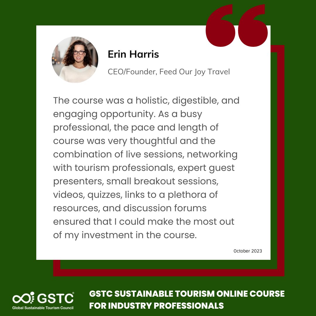 trainingaid_org's tweet photo. Interested in the #GSTCTraining Sustainable Tourism Online Course? Learn about the course experience from our recent participants!
👉Upcoming cohort (Nov 16 - Dec 15) https://t.co/JSOEUolTSv
👉More about the training program https://t.co/MNlLHKwBWD https://t.co/Unnk5iuIfs