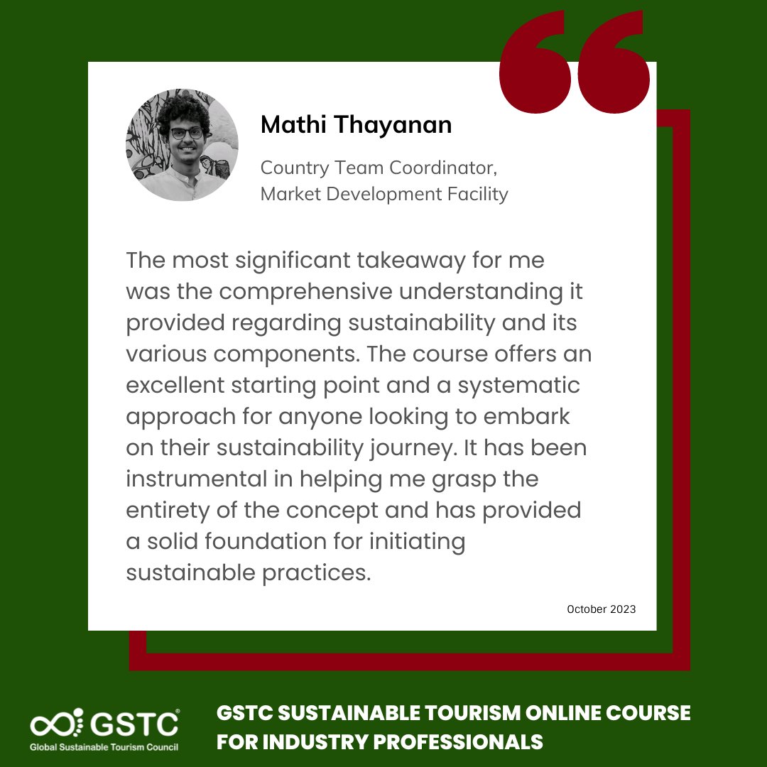 trainingaid_org's tweet photo. Interested in the #GSTCTraining Sustainable Tourism Online Course? Learn about the course experience from our recent participants!
👉Upcoming cohort (Nov 16 - Dec 15) https://t.co/JSOEUolTSv
👉More about the training program https://t.co/MNlLHKwBWD https://t.co/Unnk5iuIfs