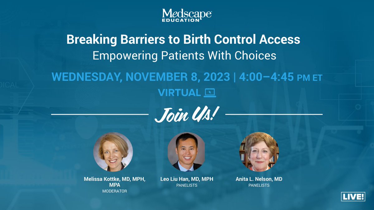 MedscapeObGyn's tweet photo. TOMORROW: Learn 📖 the latest from experts as they present data 📊 on the newly approved OTC progestin-only pill 💊. Join us November 8 by clicking here: https://t.co/s21XBMwMjL
#Birthcontrol #Progestin #reproductivehealth https://t.co/rQ6eBdF0On