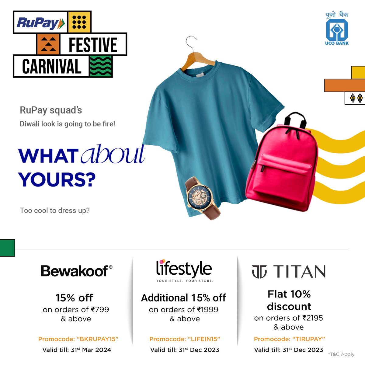 UCOBankOfficial's tweet photo. Your Diwali look is sure to be FIRE! With the @RuPay_npci Festive Carnival offer, enjoy exclusive shopping deals with your RuPay Card. *T&C apply. @NPCI_NPCI https://t.co/CFeIWdku1g