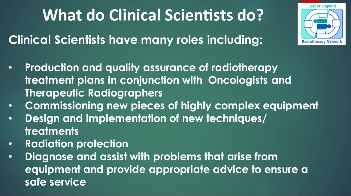Take a look 👀 at the role of #ClinicalScientists in #radiotherapy. Many important roles ‘behind the scenes’ to help ensure our patients treatment is highly accurate and safe @ipem @rad__chat @SCoRMembers
